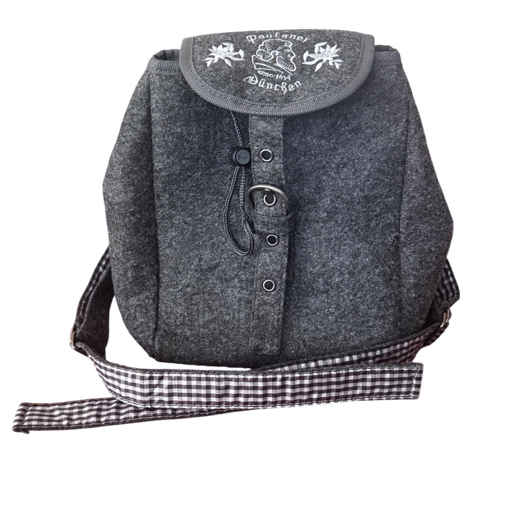 Paulaner Munchen Grey Felt Backpack Gingham Lining Edelweiss Embroidery Bavarian